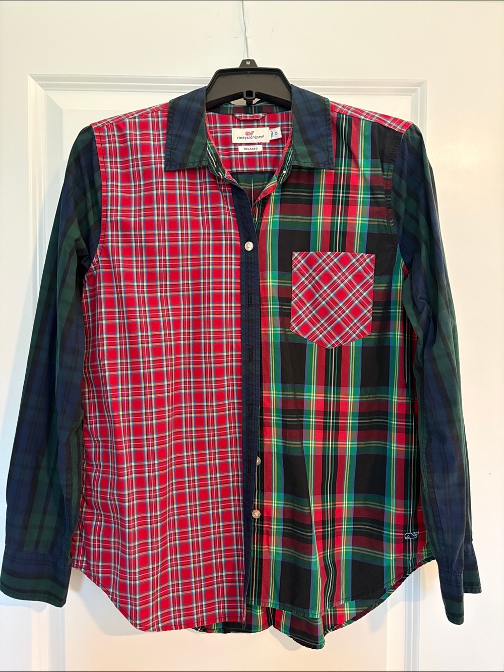 Ladies Red & Green Mixed Plaid Button-Up Shirt
